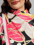 Ravaiyaa - Attitude is everything Women Lightweight Printed 100% Satin Silk Scarf Stoles Breathable Neckerchief Head Beach Wrap Scarves (Black Pink Leaf, 70 x 20 Inch)