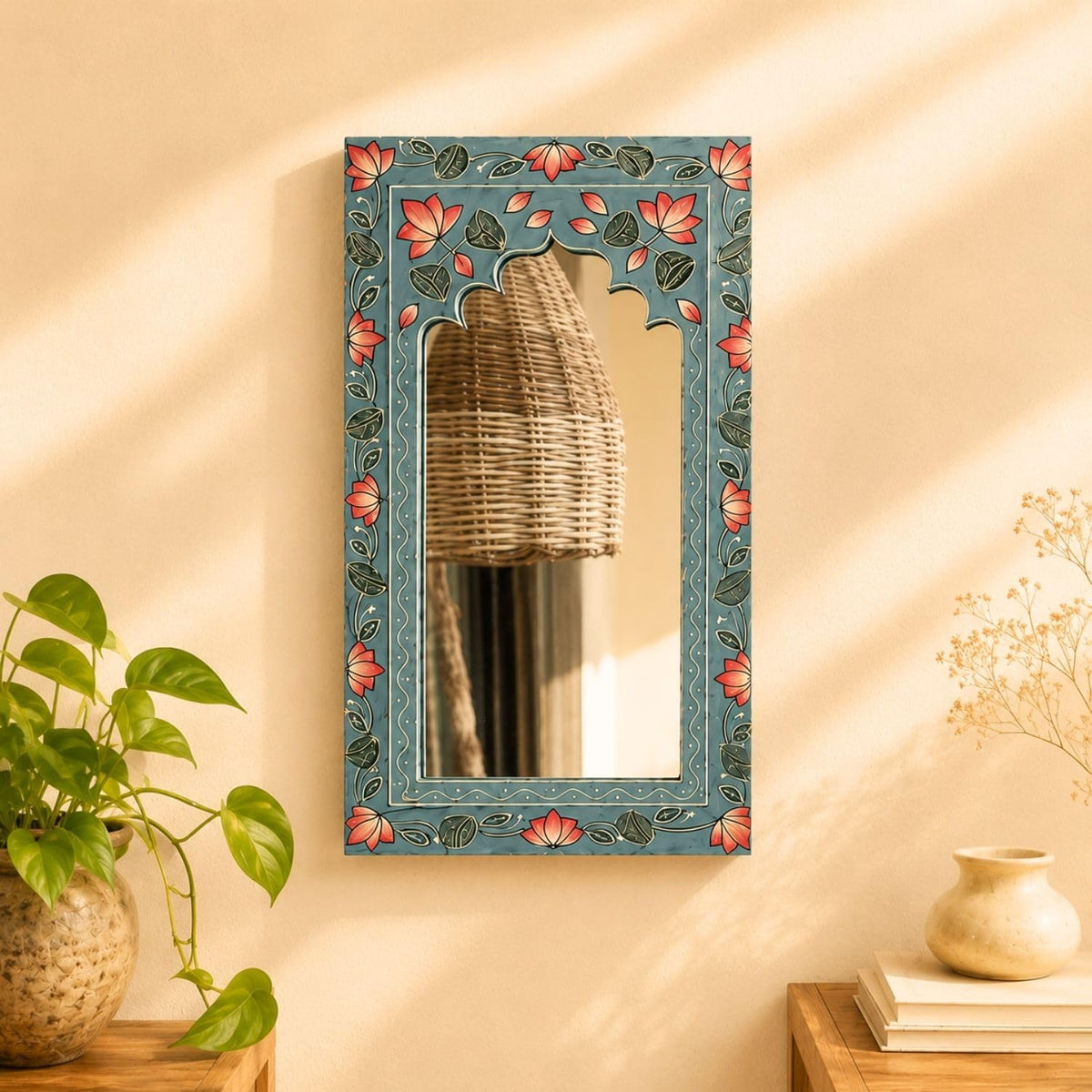 ATRANGI STUDIO Midnight Blue Handpainted Wooden Mirror | Handcrafted Arch Design with Floral Motifs | Rajasthani Traditional Jharokha Style Mirror | Framed Wall Hanging for Home, Bedroom |18x9.5 Inch