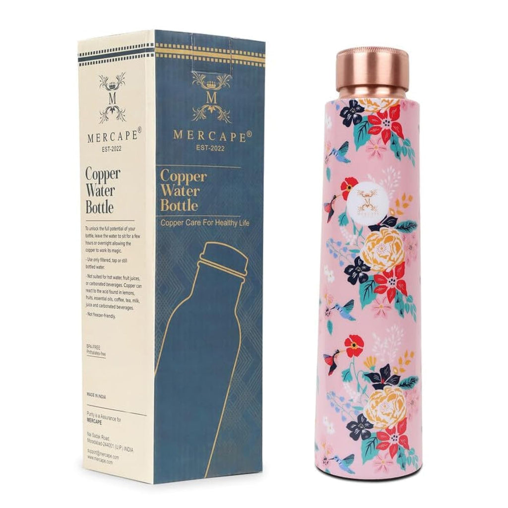 MERCAPE Pure Copper Water Bottle 900 ml with Floral Printed Design | Jointless Construction | Leak-Resistant Screw Cap | Reusable Copper Bottle for Home, Office, Gym, Travel & Daily Use