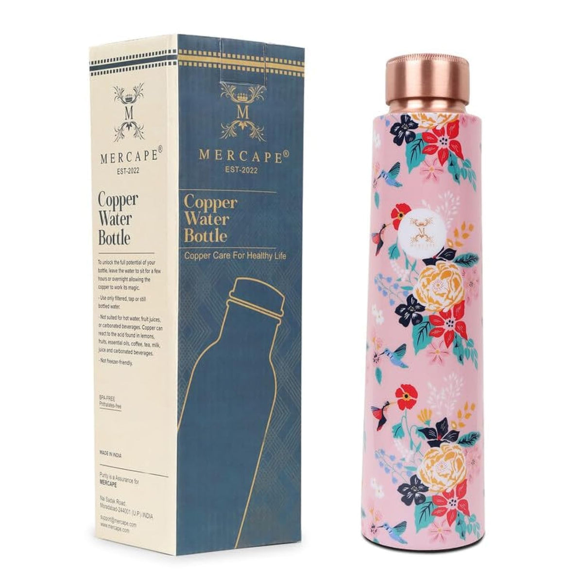 MERCAPE Pure Copper Water Bottle 900 ml with Floral Printed Design | Jointless Construction | Leak-Resistant Screw Cap | Reusable Copper Bottle for Home, Office, Gym, Travel & Daily Use