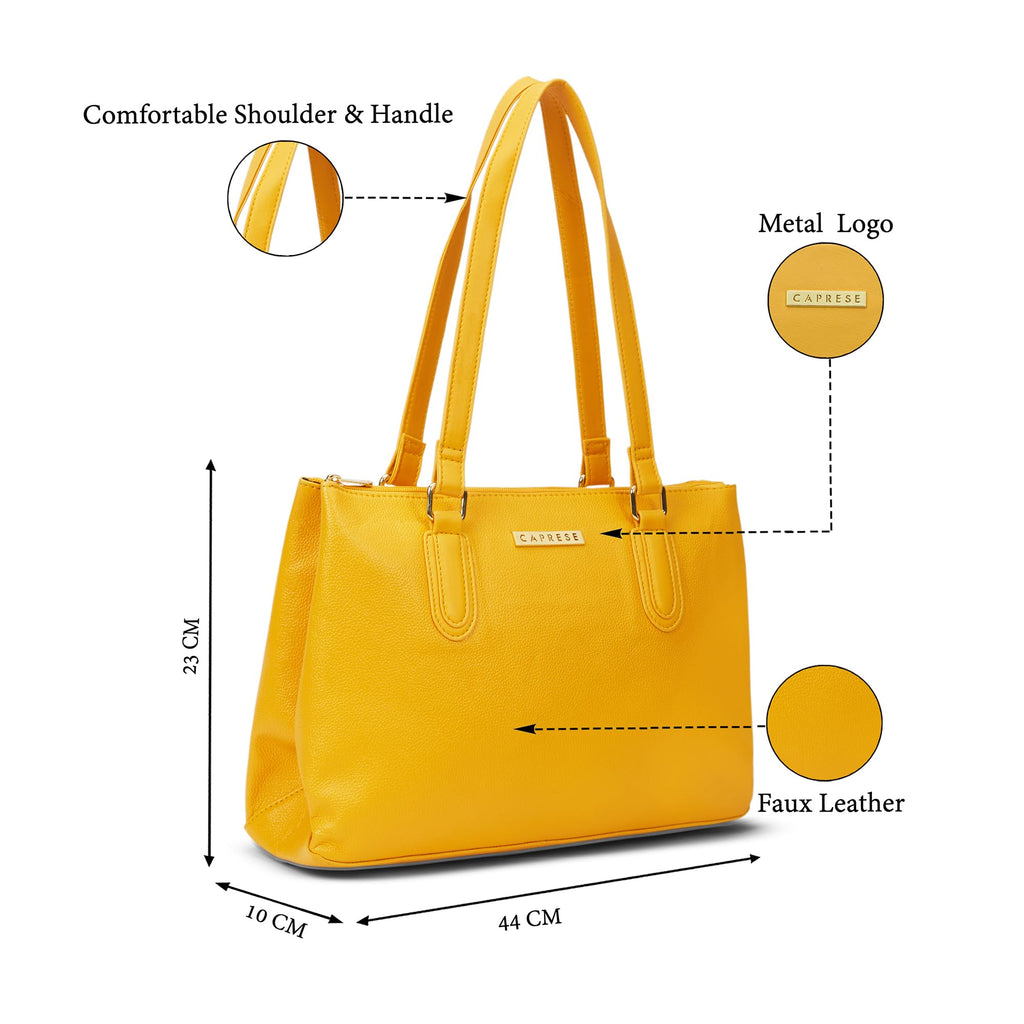 Caprese Meta Small Tote Bag for Women with Comfortable Straps | Stylish Shoulder & Handheld Bag | Fits Up to 16 Inch Laptop | Durable, Multi-Compartment Design for Work, Travel, Shopping (Ochre)