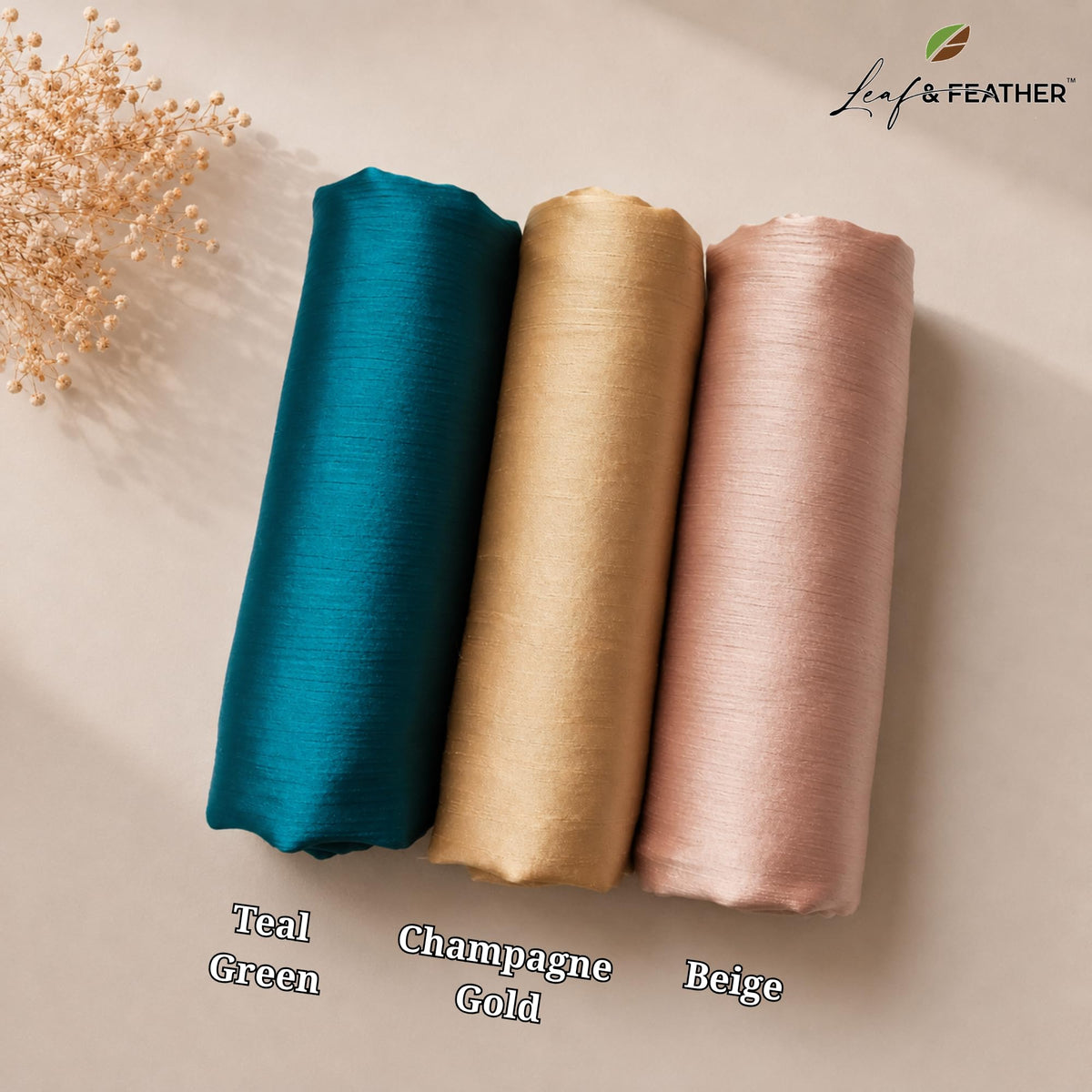 Leaf & FEATHER™ Muna Satin Hijab Scarf for Women | Pack of 3 Hijab Set | 200 x 70 cm | Silky Smooth & Lightweight | Premium Everyday Color Collection (4. Teal Green - Gold - Rose Taupe)