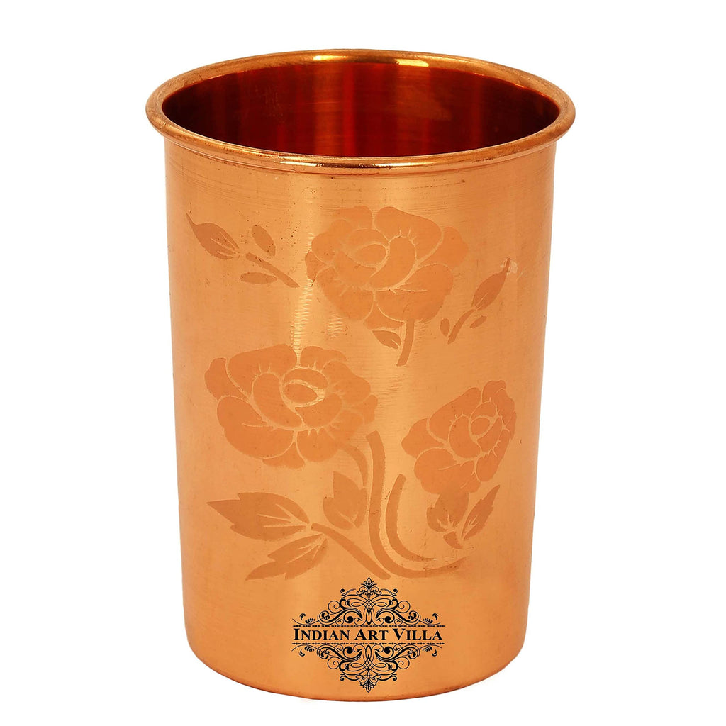 INDIAN ART VILLA Pure Copper Plain Glass with Magical Floral Design, Drinking Serving Water, Yoga Ayurveda, Volume-300 ml, Pack of 4