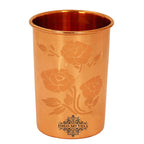 INDIAN ART VILLA Pure Copper Plain Glass with Magical Floral Design, Drinking Serving Water, Yoga Ayurveda, Volume-300 ml, Pack of 4