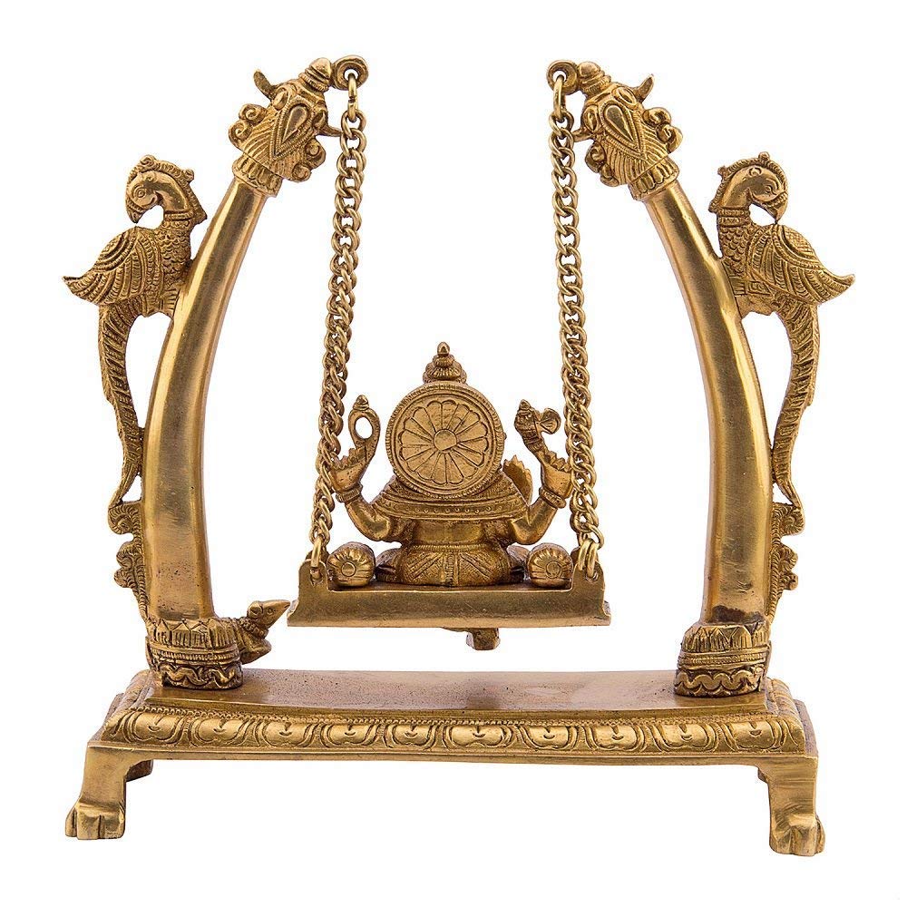 SVARUP Brass Ganesha on Jhoola Ganesh Swing Home Decor Showpiece Gift Statue 9.5 Inch, Gold 1 Pcs Standard