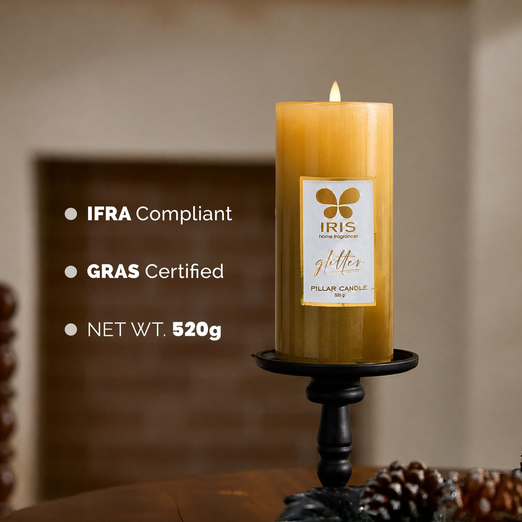 IRIS Gold Lacquered Unscented Pillar Candle | 7.1 x 15.2 cm | Long-Lasting 80-Hour Burn | Ideal for Decor, Celebrations & Gifting (Pack of 1)