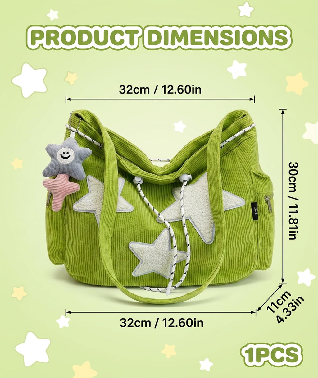 SRKSPYFD Green Corduroy Tote Bag for College Girls with Star Pendant, 12.6 Plush Shoulder Bag for Daily Commute and Shopping