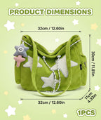 SRKSPYFD Green Corduroy Tote Bag for College Girls with Star Pendant, 12.6 Plush Shoulder Bag for Daily Commute and Shopping