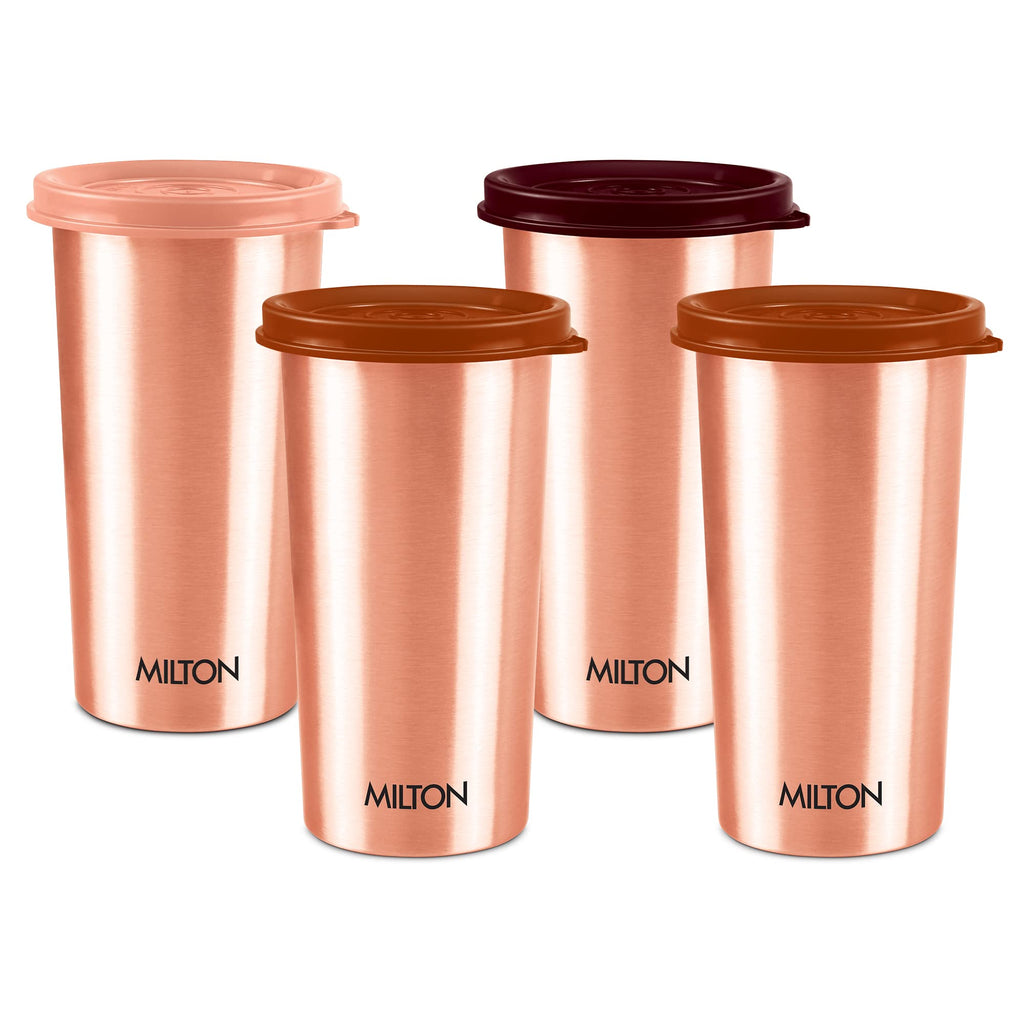 MILTON Copper Drinking Water Tumbler with Lid, Set of 4, 480 ml Each, Copper | 100% Leak Proof | Office | Gym | Yoga | Home | Kitchen | Hiking | Treking | Travel Tumbler