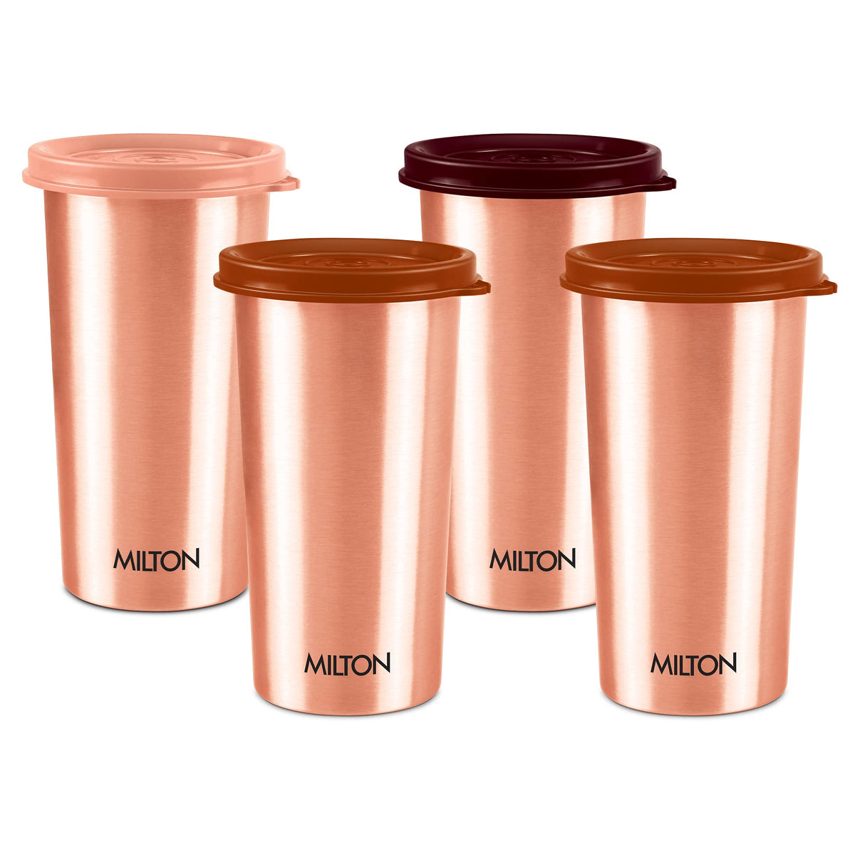 MILTON Copper Drinking Water Tumbler with Lid, Set of 4, 480 ml Each, Copper | 100% Leak Proof | Office | Gym | Yoga | Home | Kitchen | Hiking | Treking | Travel Tumbler