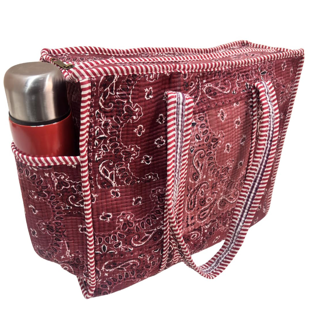 The House of RajPadmini Floral Quilted Cotton Shopping Tote Bag, 16x16 inches, Striped Trim, External Bottle Pocket (Shaded Maroon)