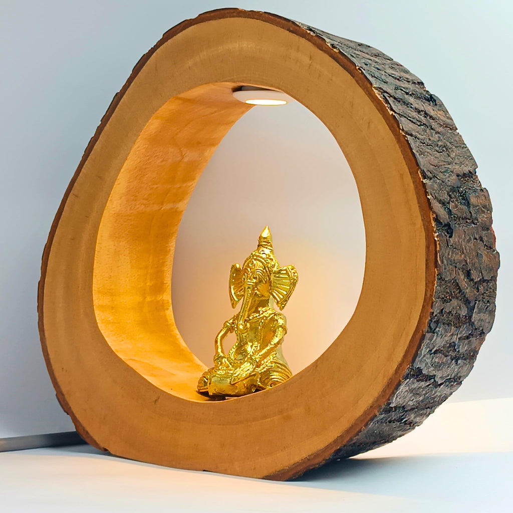NESTED AURA Enchanting Mahogany Log with Handcrafted Dokra Figurine & LED Spotlight | Unique Home Decor Items for Living Room, Bedroom, or Office | Rustic Charm,Natural Imperfections | 18 cm