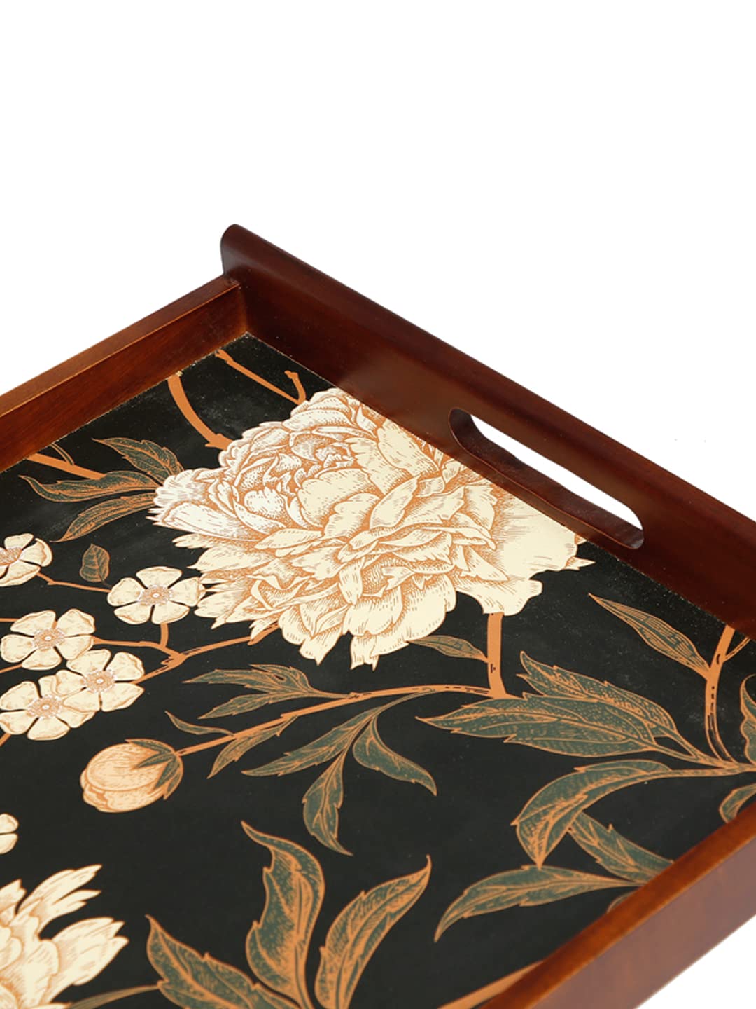 Reinvention Factory Wooden Large Serving Tray Teak Wood 12x16 inch with Handles | Black Floral Multipurpose Tray for Tea Coffee Breakfast | Decorative Tray for Kitchen Dining Home Office