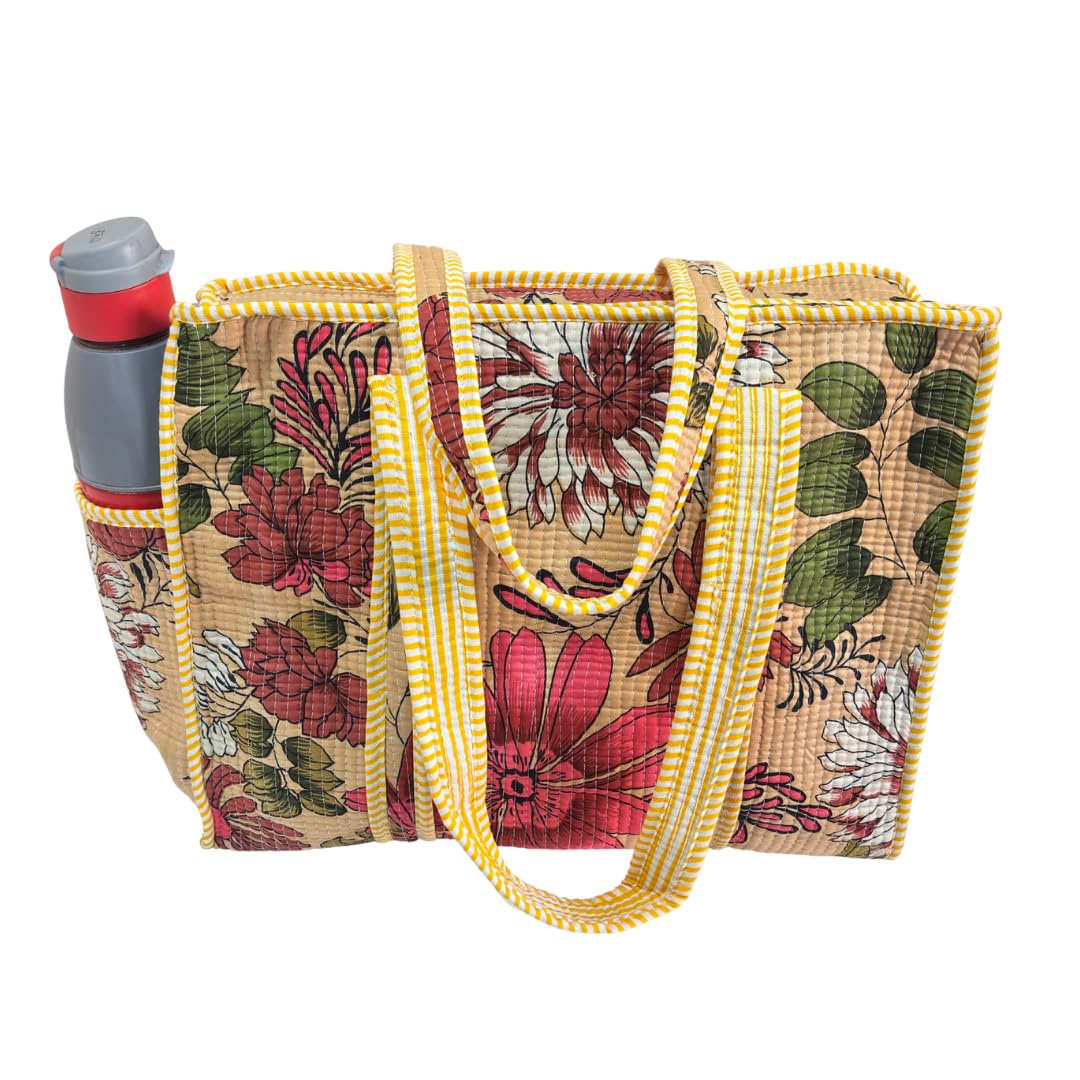 The House of RajPadmini Floral Quilted Cotton Shopping Tote Bag, 16x16 inches, Striped Trim, External Bottle Pocket (Floral Beige)