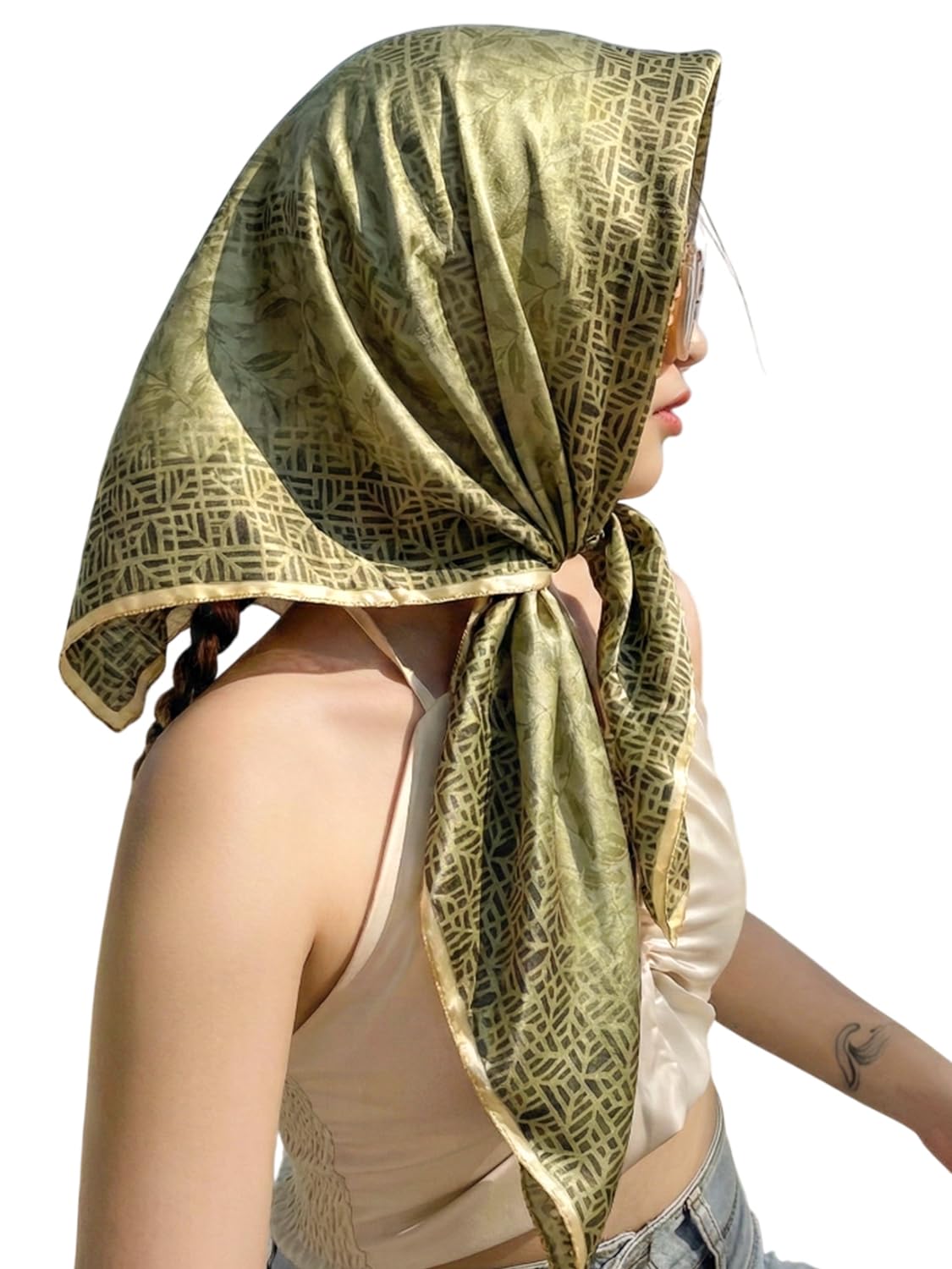 leeza store Women's Premium Silk Scarf – Olive Green 40X40 Square Stole | Tonal Vine Motif Design | Soft Lightweight Silk Neck Scarf, Head Scarf & Hijab Wrap