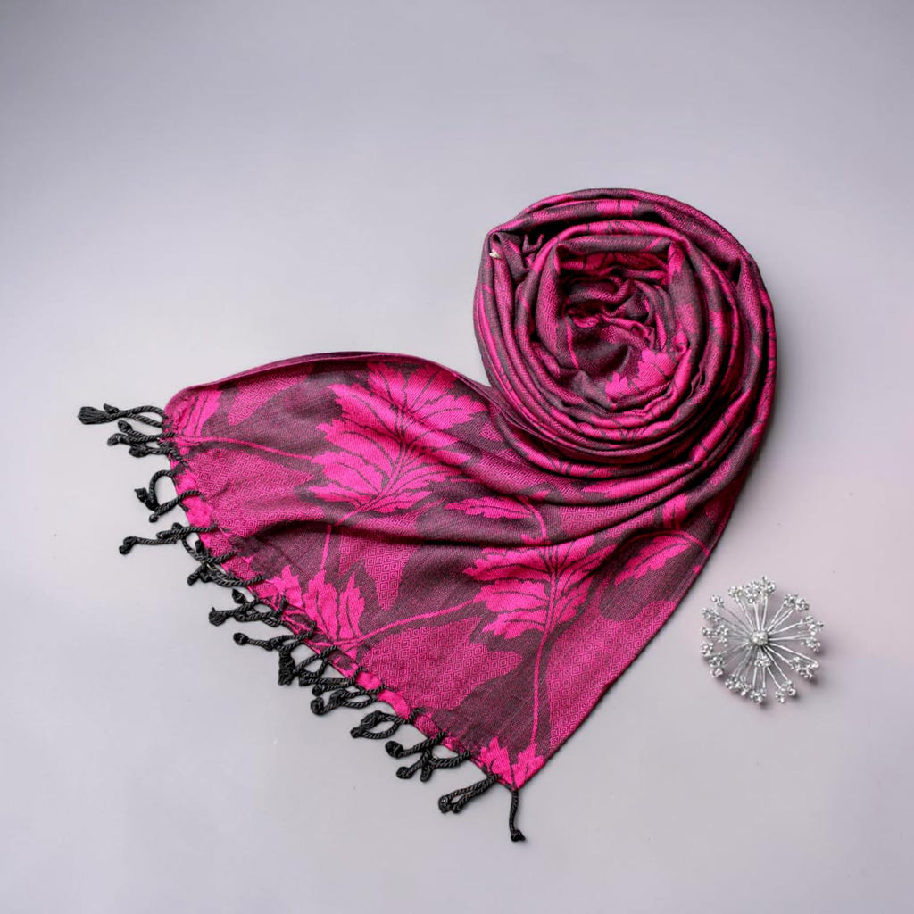 STOLE STUDIO Embellished Leaf Luxurious Viscose Stole Scarf (Black/Rani)