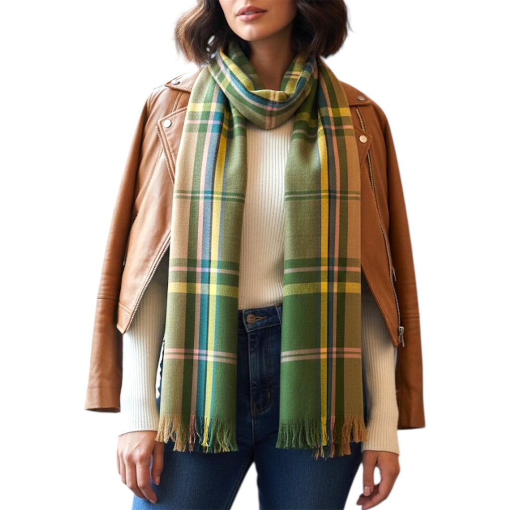Plaid Winter Scarf, Green Multi-Colour Pattern, Fringe Trim, Soft Woven Fabric Fashion Scarf for women and men