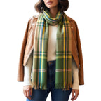 Plaid Winter Scarf, Green Multi-Colour Pattern, Fringe Trim, Soft Woven Fabric Fashion Scarf for women and men