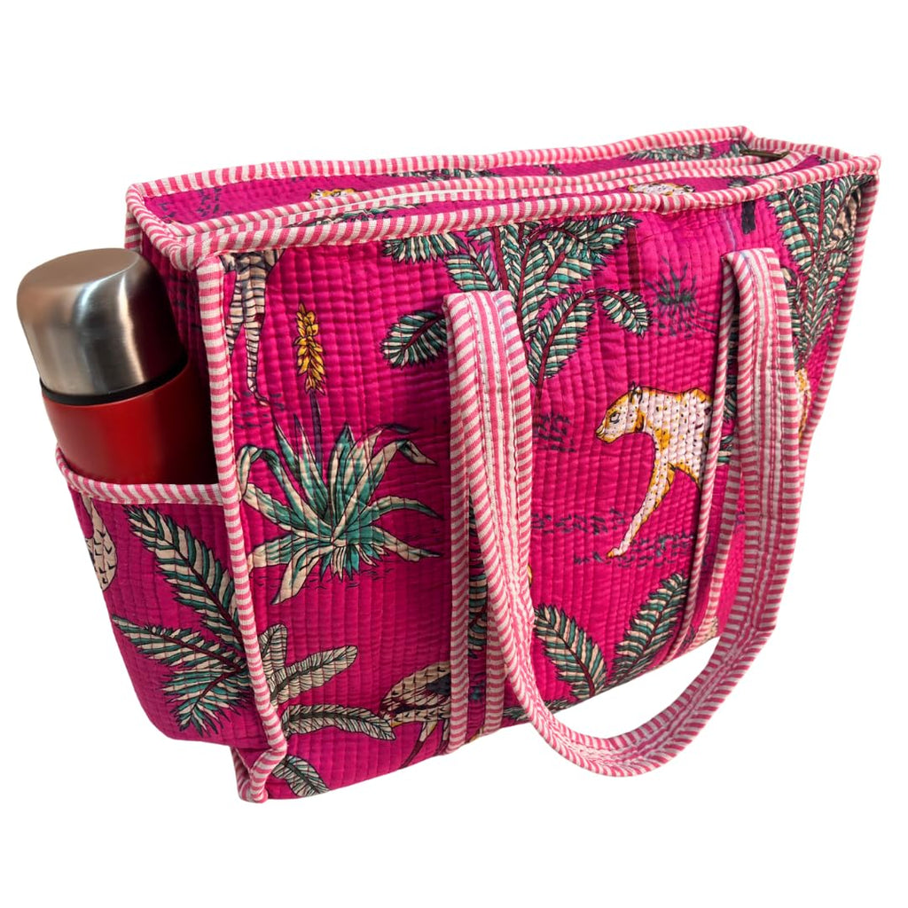 The House of RajPadmini Floral Quilted Cotton Shopping Tote Bag, 16x16 inches, Striped Trim, External Bottle Pocket (Animal Print Pink)