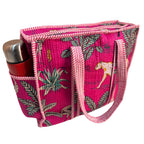 The House of RajPadmini Floral Quilted Cotton Shopping Tote Bag, 16x16 inches, Striped Trim, External Bottle Pocket (Animal Print Pink)