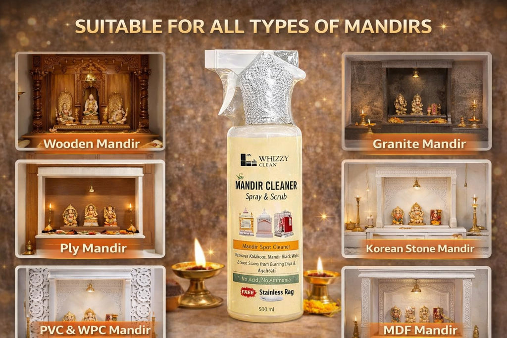 Whizzy Clean Mandir Soot & Black Wall Cleaner – 500ml | Diyas & Jot Soot Remover | No Acid, No Ammonia | Free Scrubbing Rag (1)