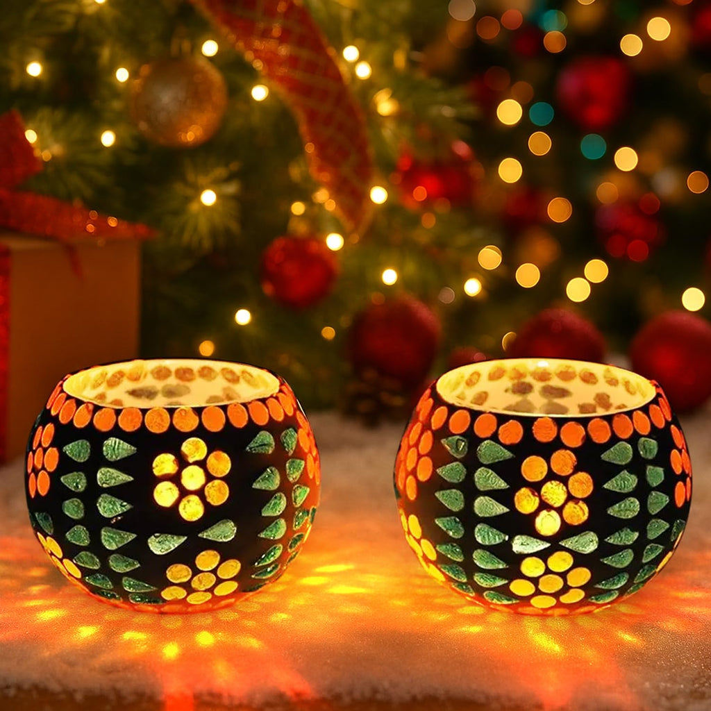 TIED RIBBONS Pack of 2 Turkish Mosaic Glass Votive Tealight Candle Holders for Table - Decorations Items for Home Decor Living Room Bedroom (Mosaic Glass) - Decor - Gifts