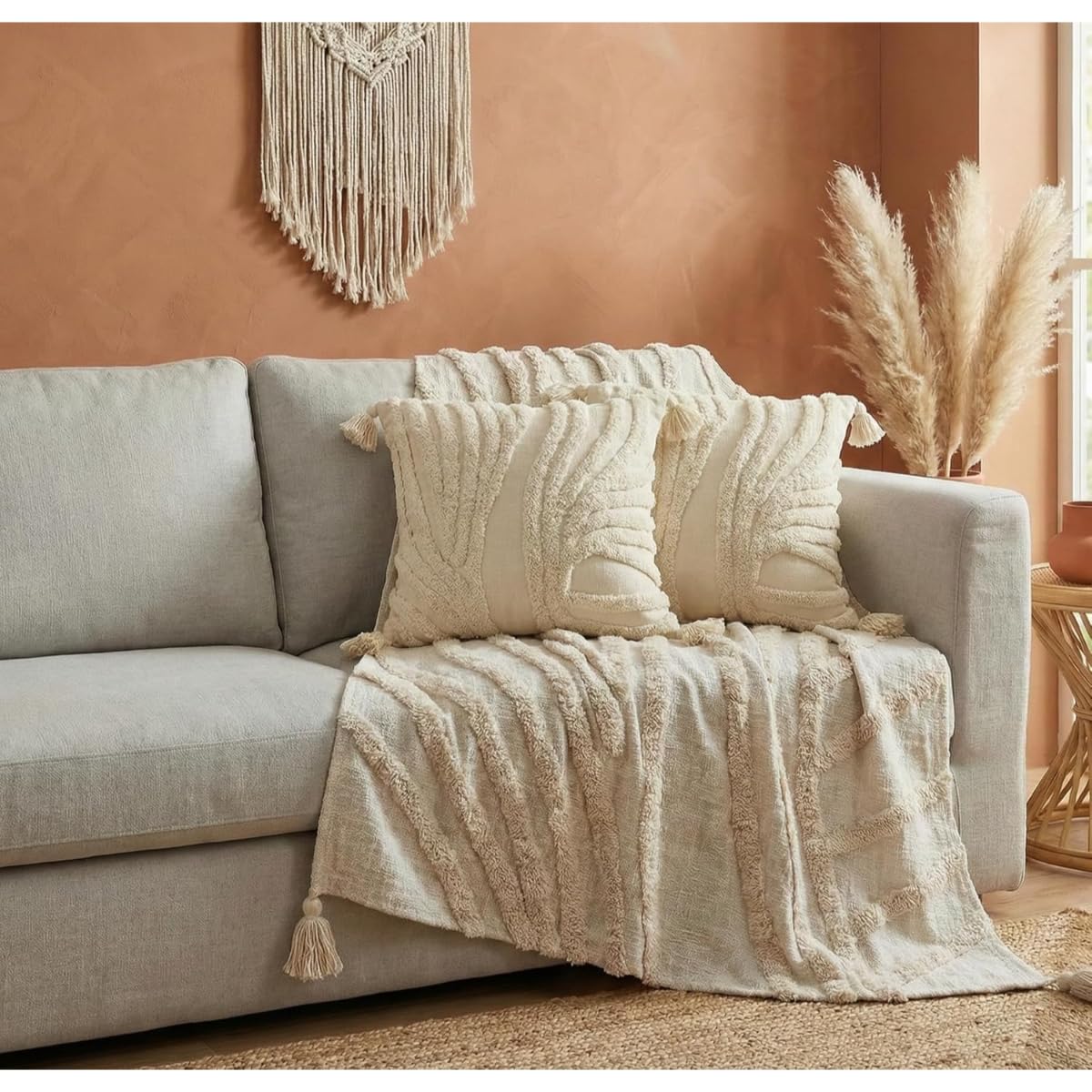 24x7 Home Store Decorative Sofa Throw Blanket with Tassel Fringe, Boho Style, Cream and Navy (Beige, Sofa Throw + 2 Cushion Covers Combo) Kafalo