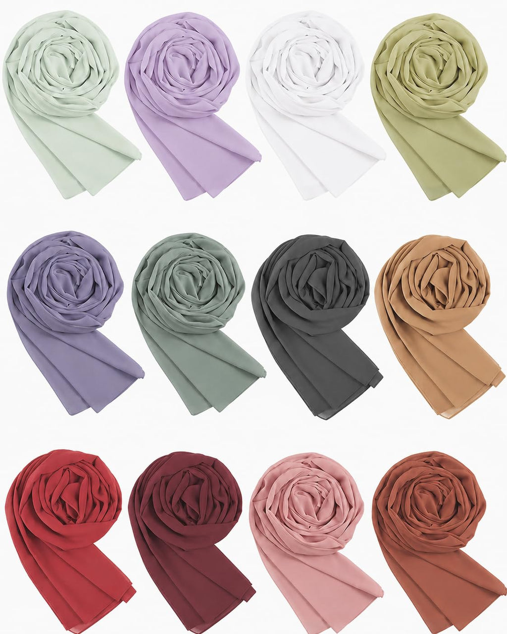 ABEEHA® 10Pcs (Random Colours) Women Chiffon Georgette Hijab Scarf, Lightweight Stole Soft Fabric, Multicolour, 180x70 cm (SET-A)