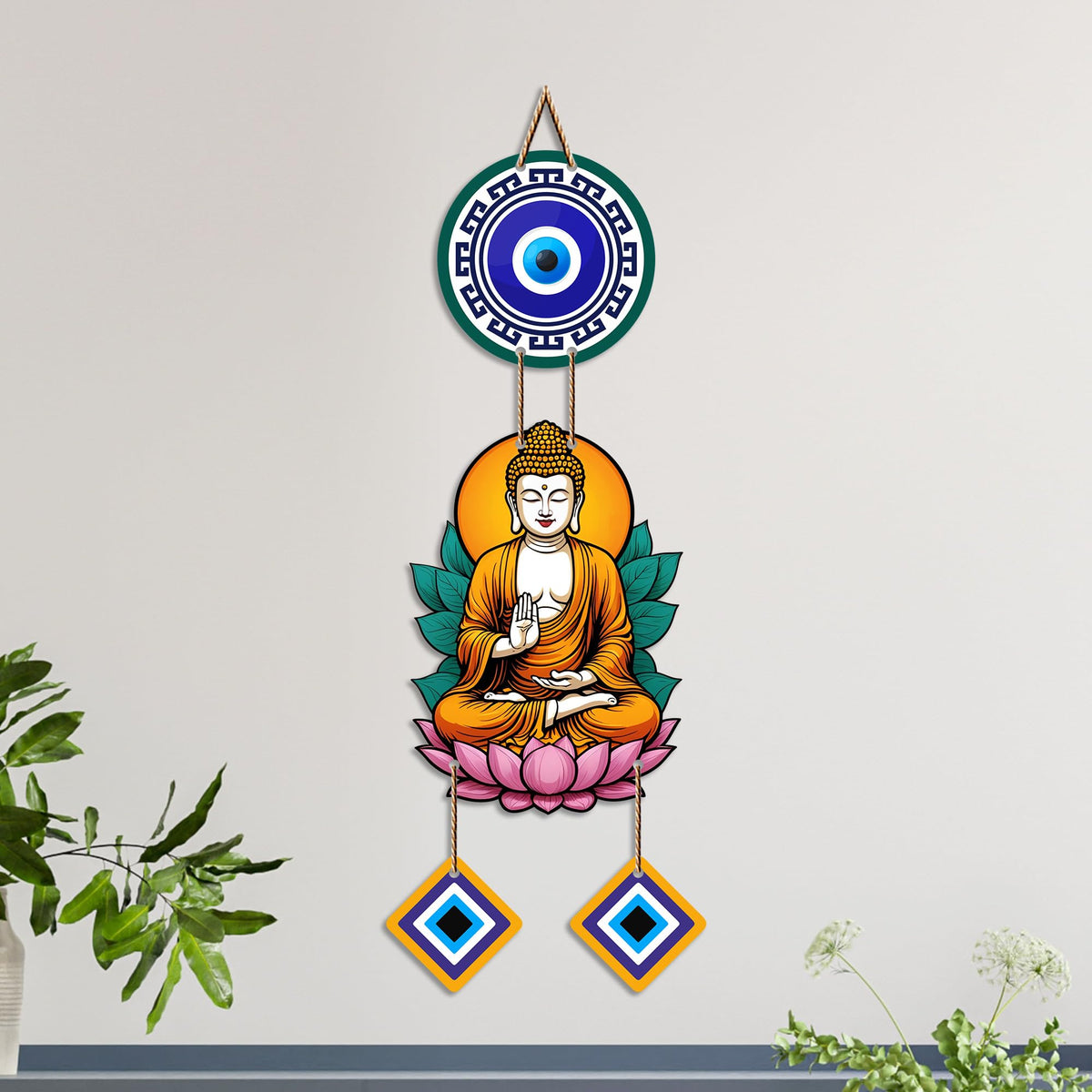 Artvibes Buddha Lotus Meditation Wall Hanging with Evil Eye Charms | Spiritual Decor for Yoga & Prayer Spaces | Decorative Wooden Hanging Ornament for Living Room | Positive Energy Wall Art (WH_8598N)