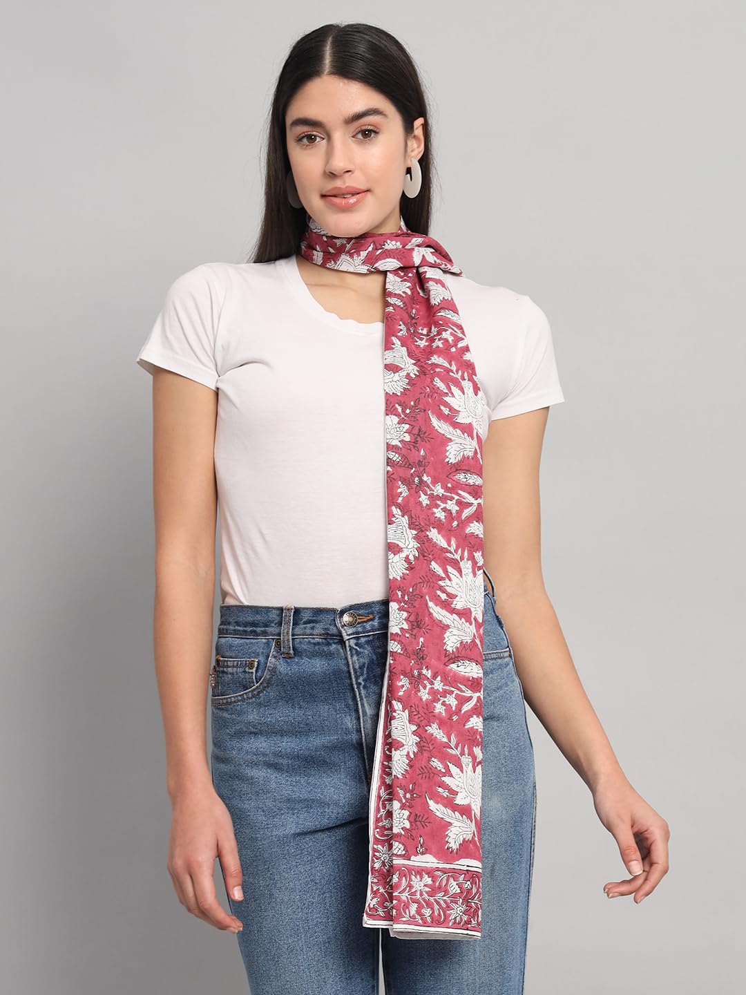 Ravaiyaa - Attitude is everything Women Red & White Hand Block Floral Printed Cotton Scarf 71 X 21 Inch