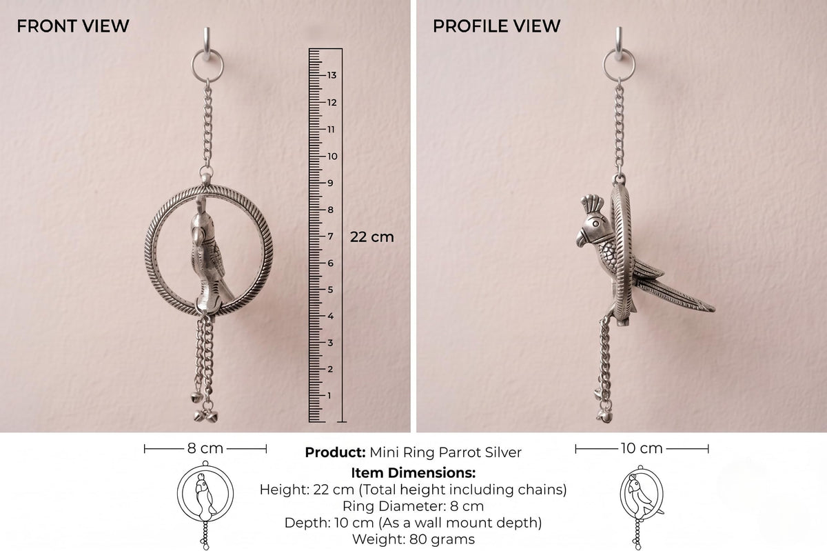 KridayKraft Small Ring Parrot Silver Wall Hanging Decor – Handcrafted Metallic Bird Showpiece for Living Room, Balcony, and Home Decoration.
