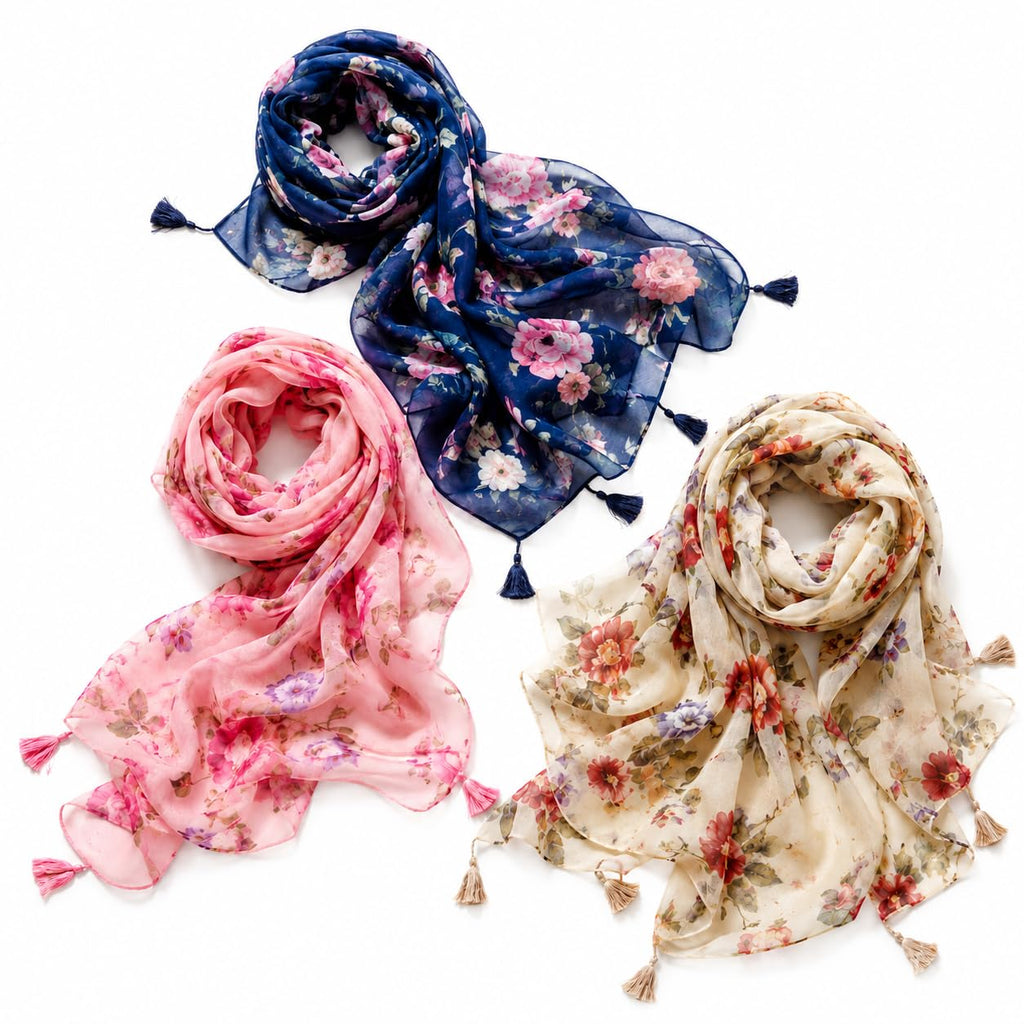Cashish Kloset Women's Floral Printed Scarves Pack of 3 | Soft Chiffon Viscose Cotton Blend Stole for Girls & Ladies | Lightweight Tassel Dupatta Wrap for Daily, Travel & Ethnic Wear (Pack Of 3)
