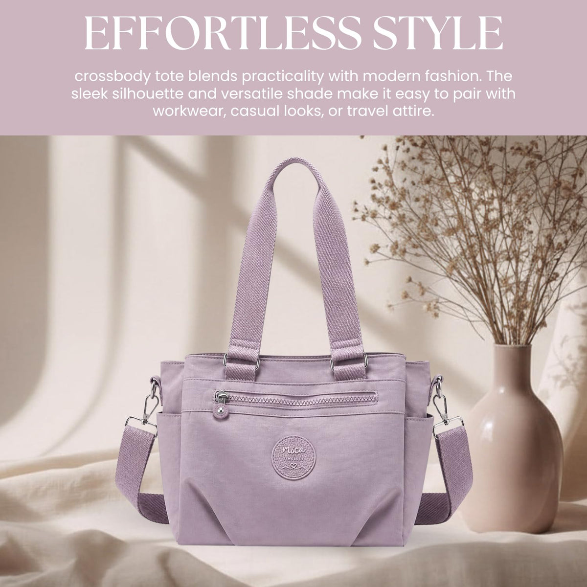 MOCA Women Nylon Tote Bag Lightweight Waterproof Handbag Large Capacity Multi Compartment Shoulder Crossbody Bag Daily Use Office Travel College Ladies Purse with Zipper (Lilac)