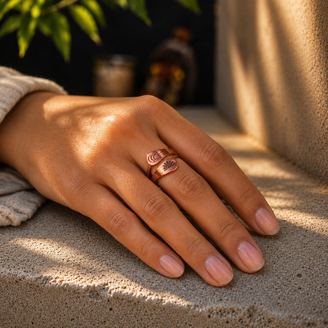 Wondrous Handmade Pure Copper Wrap Ring for Women | Adjustable Open Ring with Sun & Moon Design | Boho Minimalist Jewelry Gift