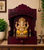 Wooden Pooja Mandir with Drawer, Shri Ganeshay Namah Carved Size 18x12