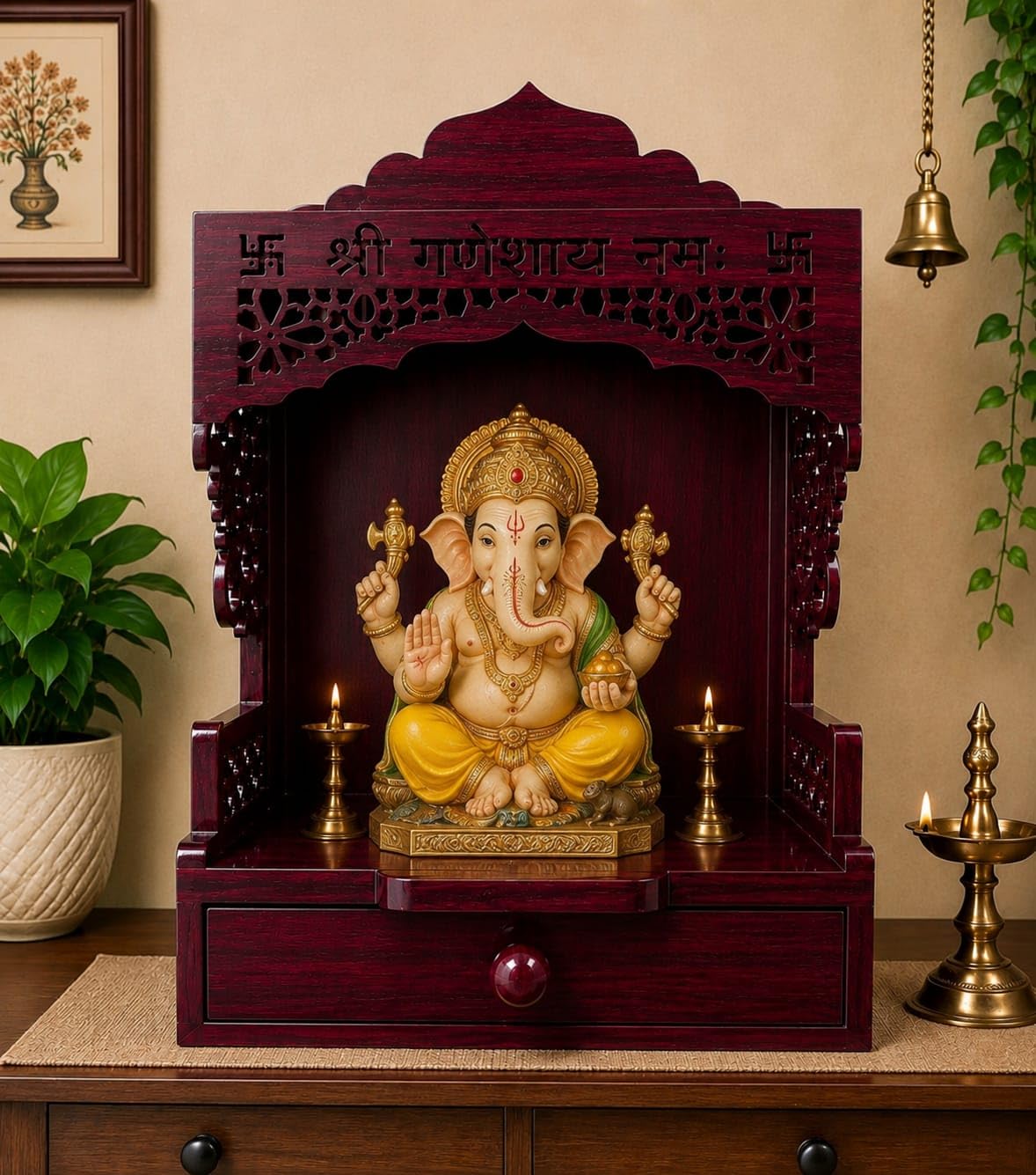 Wooden Pooja Mandir with Drawer, Shri Ganeshay Namah Carved Size 18x12