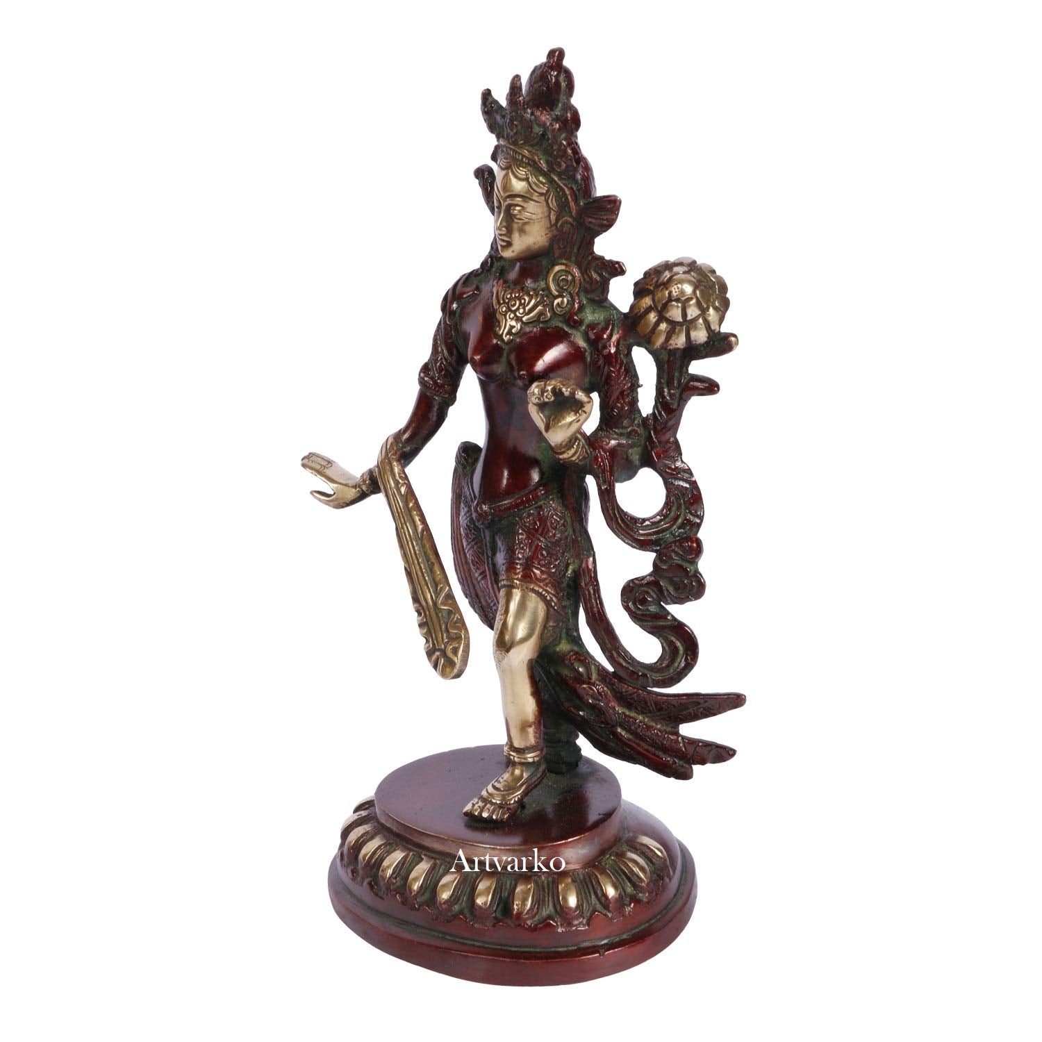 ARTVARKO Brass Goddess Tara Standing Brass Handwork Tibetan Buddhist Deity(Red & Gold Finish)