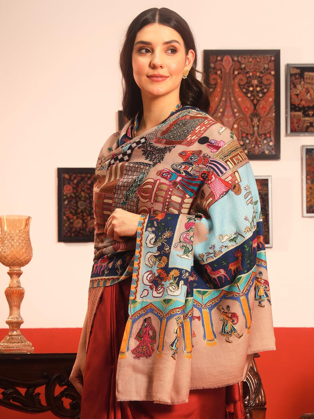 Pashmoda Women Mughal Bagh 100% Pure Wool Fabric Kalamkari Embroidered Shawl (Size: 40x80in, 101x203cm) KAS22