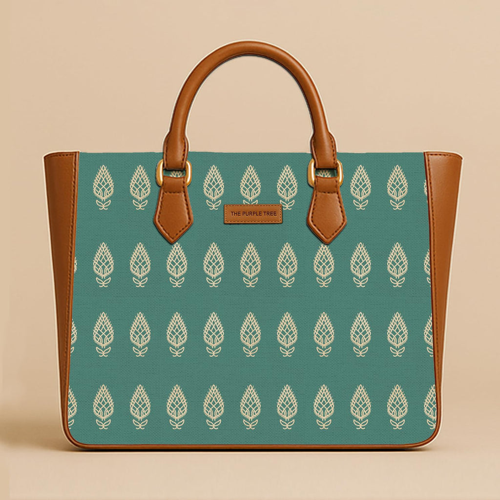 The Purple Tree Women's Office Essential Bag | Vegan Leather Handbag with Laptop Compartment | Spacious Office Bag | Durable Non-Fade Designer Work Tote for Travel, College & Daily Use (Teal Motif)