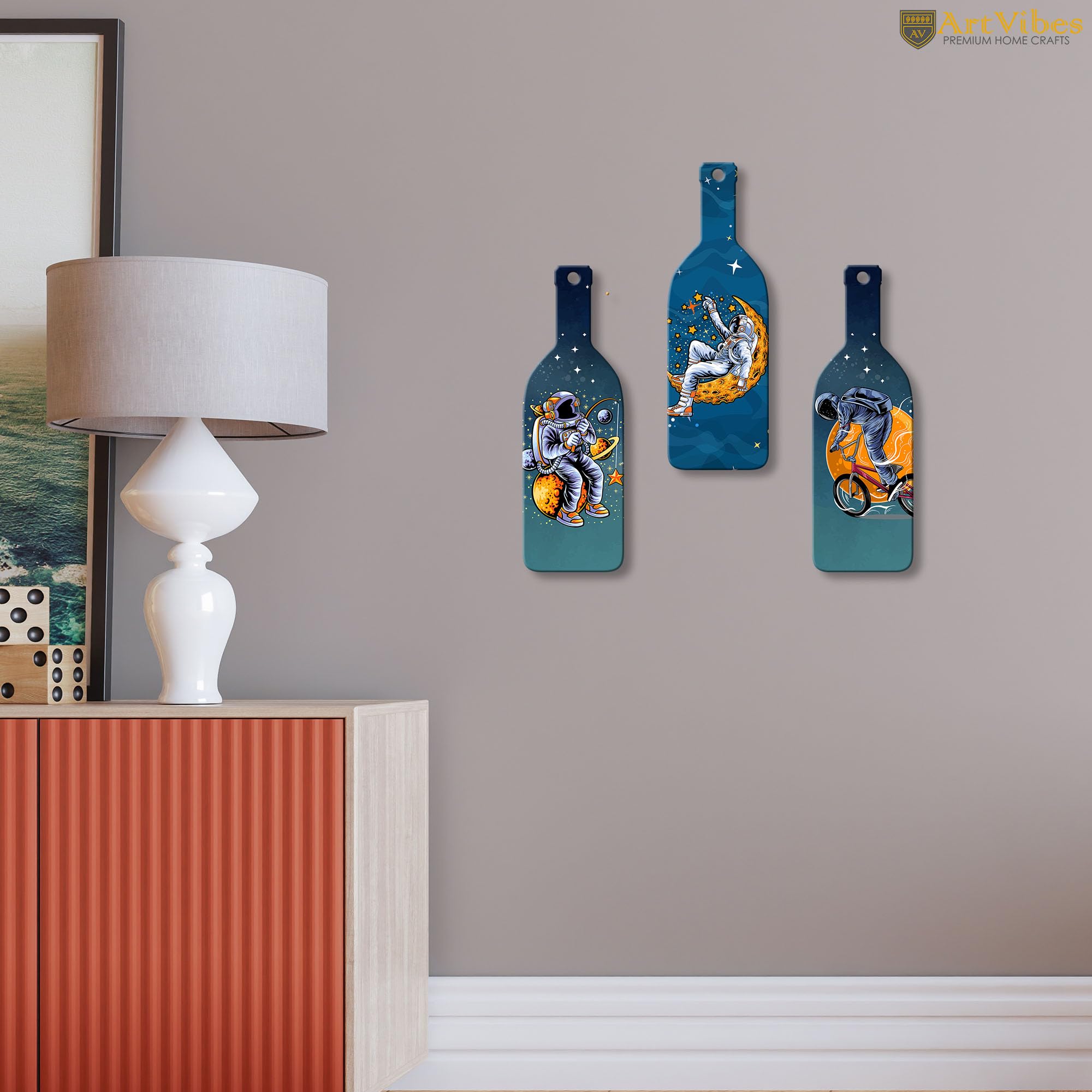 Artvibes Astronaut in Space Decor Bottle shaped Wooden Wall Hanging | Living Room | Office | Wall Art Painting For Hall | Graphic Artwork | Aesthetic Wooden Decor | Ideal Gifts (WH_9523N), Set of 3