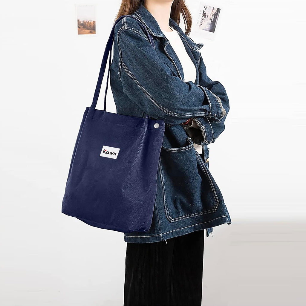 Kawn® Women Corduroy Tote Bag Canvas Shoulder Cord Purse Reusable Shopping Bag Grocery Bag Large Capacity Washable Handbag Girls Shoulder Bag with Inner Pocket For Daily Use Work Travel (Navy Blue)