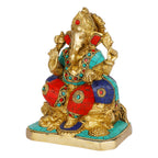 SVARUP Brass Sitting Ganesha Idol in Multicolor Height 6.5 Inch