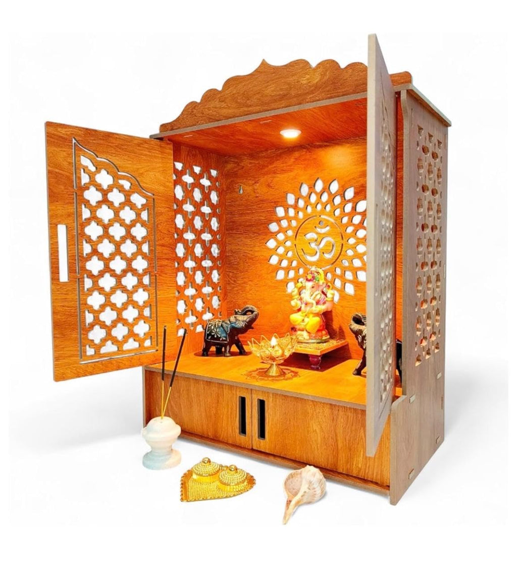 Bien Verrerie Wooden Home Temple with Door (Patt), Storage Space and COV Light for Your Home, Office and Shop, 55.88 x 39.37 x 21.59 cm
