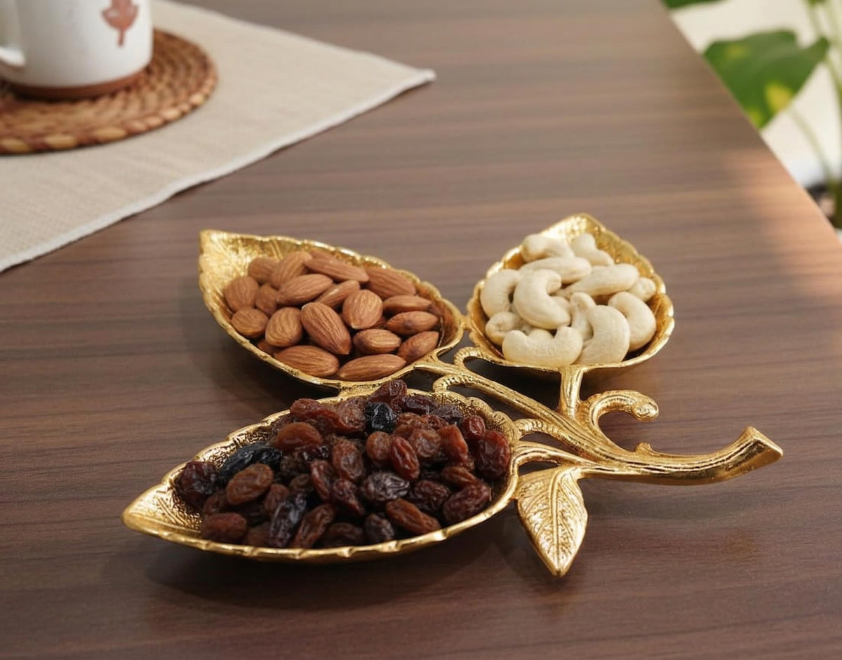 Kridaykraft Metal Gold Polish Leaf-Shaped 3-Section Dry Fruit Tray, 17x17 cm, 250 gm, Decorative Serving Platter