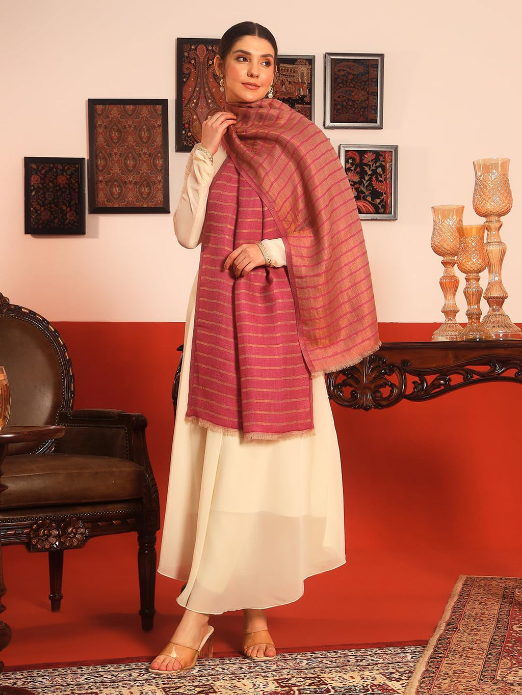 Pashmoda Women Golden Mirage Reversible Zari Moonlight Fine Wool Stole (Size : 28x80in, 71X203cm) ZSST05