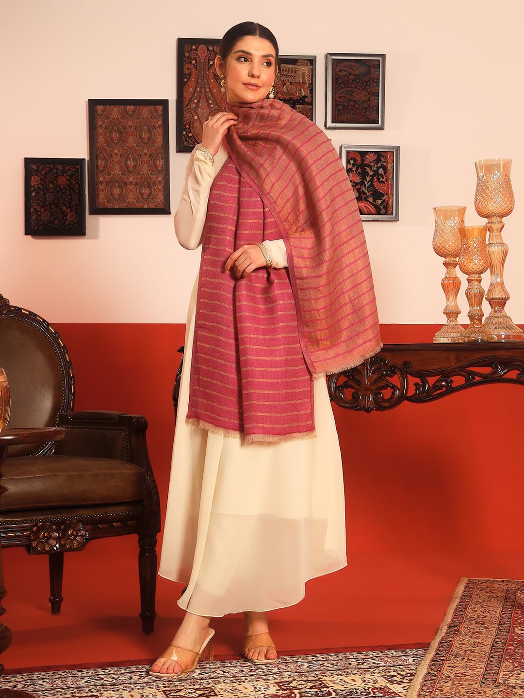Pashmoda Women Golden Mirage Reversible Zari Moonlight Fine Wool Stole (Size : 28x80in, 71X203cm) ZSST05