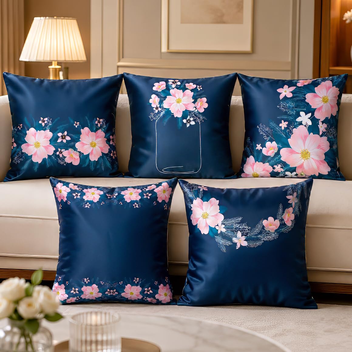 Vendola Decorative Satin Sofa Cushion Covers Set of 5, 24 Inch x 24 Inch 5 Piece, Sofa Big Cushion Pillow Cover, Navy Blue, White and Pink Colour, Floral Design, Zipper Closure (Hana, 24X24 Inches)