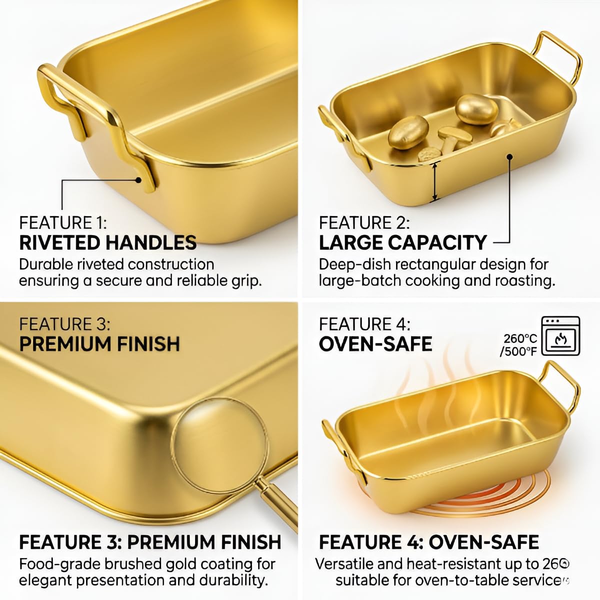 Snevad Stainless Steel Golden Serving Tray for Tea Snacks Coffee Table Decorative Dining Center Organizer for Cakes Pastries Breakfast Party Rust Proof Kitchen Dinnerware Platter (Golden Snacks Tray)