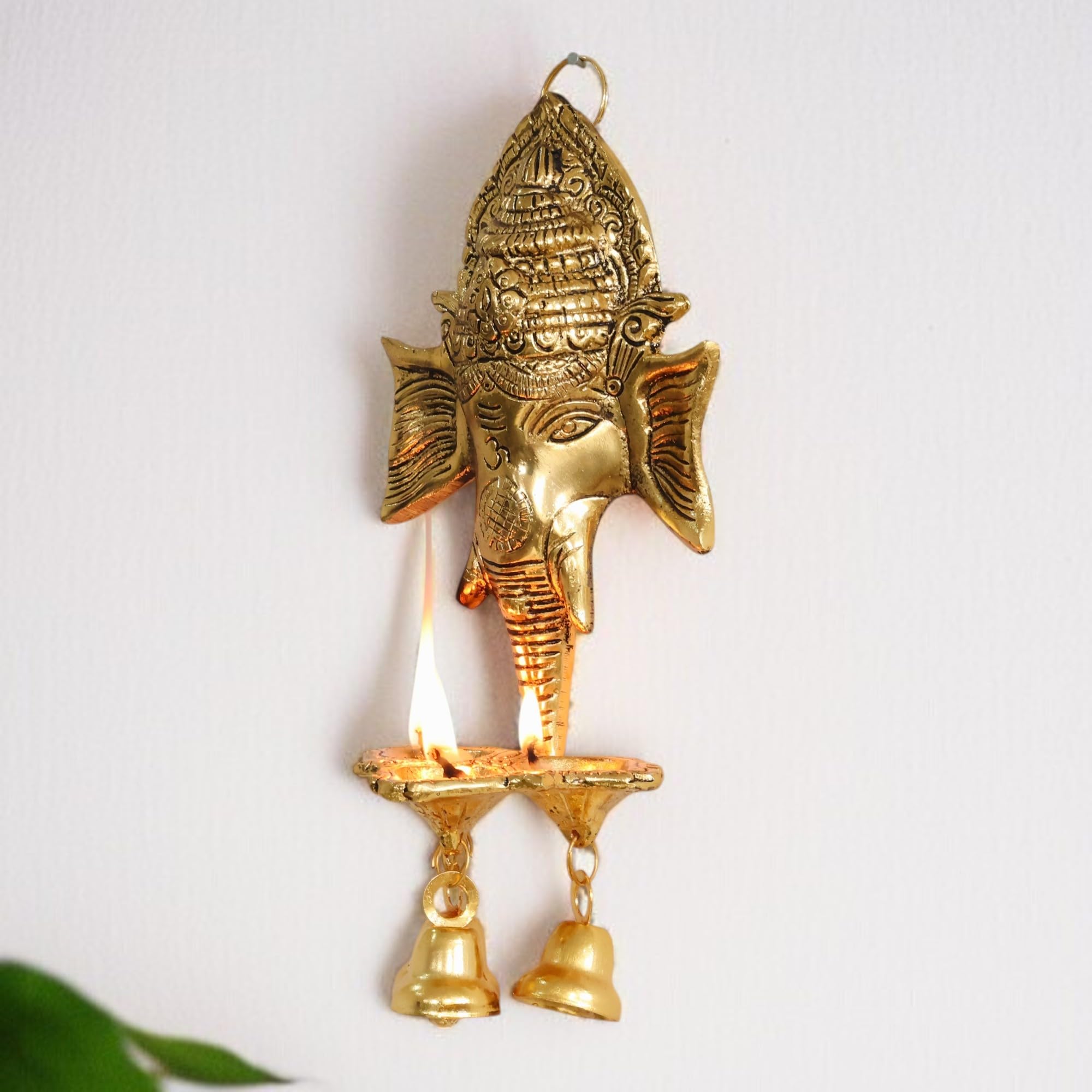 Metal Ganesha Wall Hanging Ganesh Diya with Three Bells for Home Decor, Gold Plated Metal Hanging Diyas Oil Lamp,