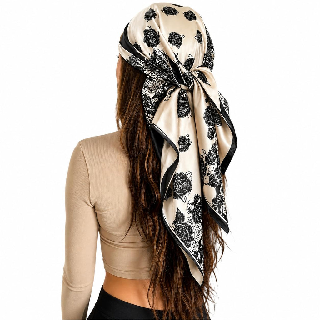 Etietnic Satin Square Head Scarf for Women,ROSE BLACK Printed